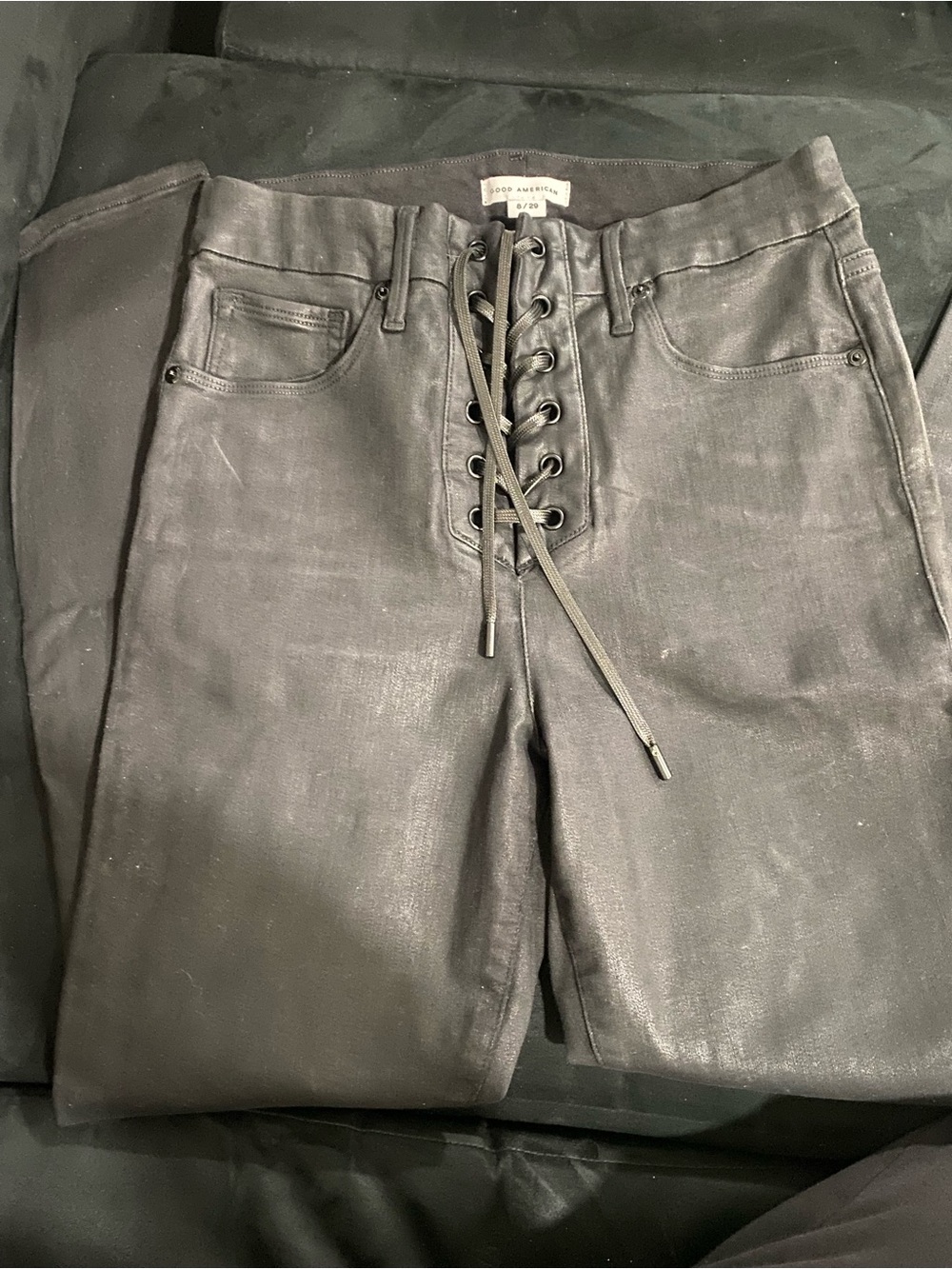 Good American Black Lace-Up Coated Jeans